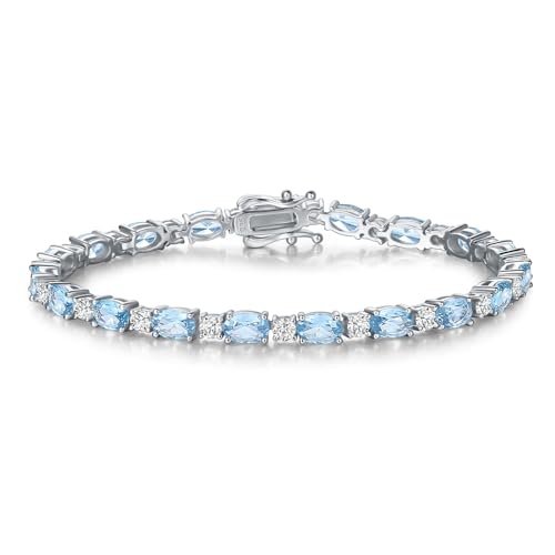 FANCIME Sterling Silver Created Aquamarine Tennis Bracelet March Birthstone Bracelet Oval CZ Dainty Charm Fine Jewelry for Women 7" - Image 1