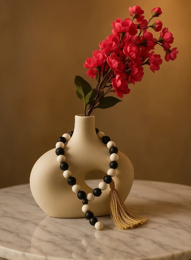 LINGWEI Ceramic Vase with Flowers and Wooden Weads- White Ceramic Hollow Donut Vase Decor | Table Centerpiece, Olive Plant, Wedding, Living Room, Bookshelf, Office - Image 1