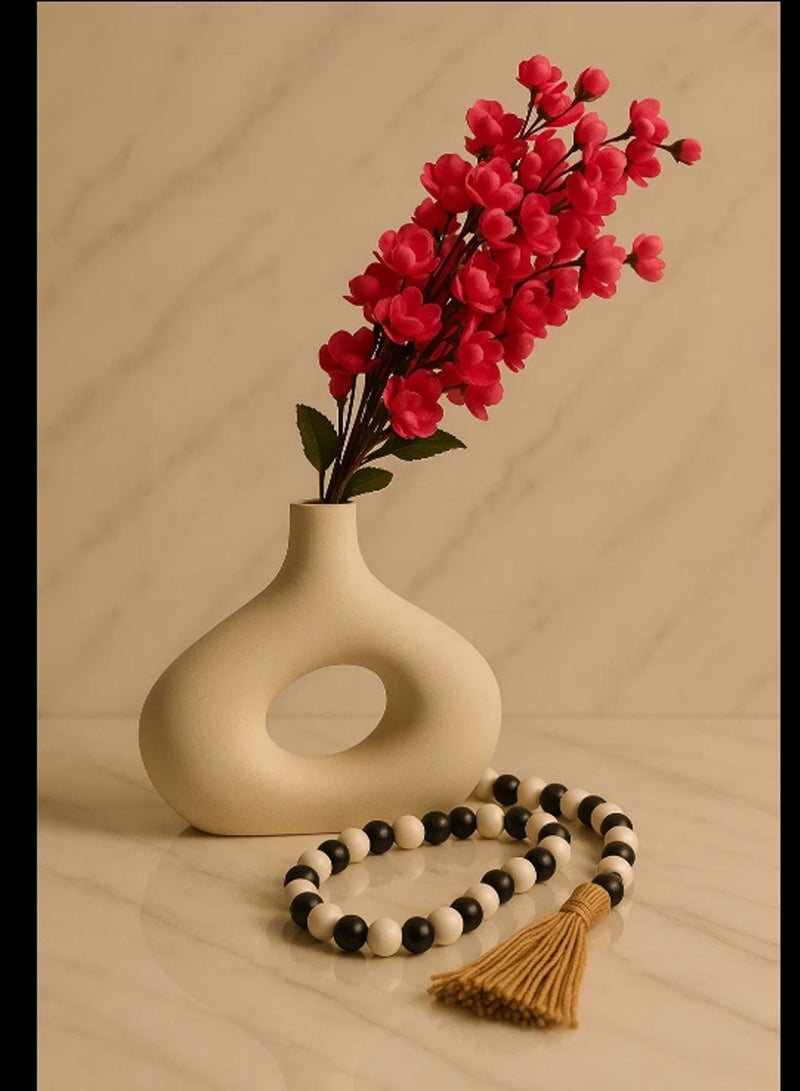 LINGWEI Ceramic Vase with Flowers and Wooden Weads- White Ceramic Hollow Donut Vase Decor | Table Centerpiece, Olive Plant, Wedding, Living Room, Bookshelf, Office - Image 2