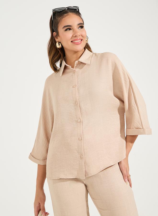 Styli Solid Relaxed Fit Shirt with Turn-Up Sleeves  - Image 1