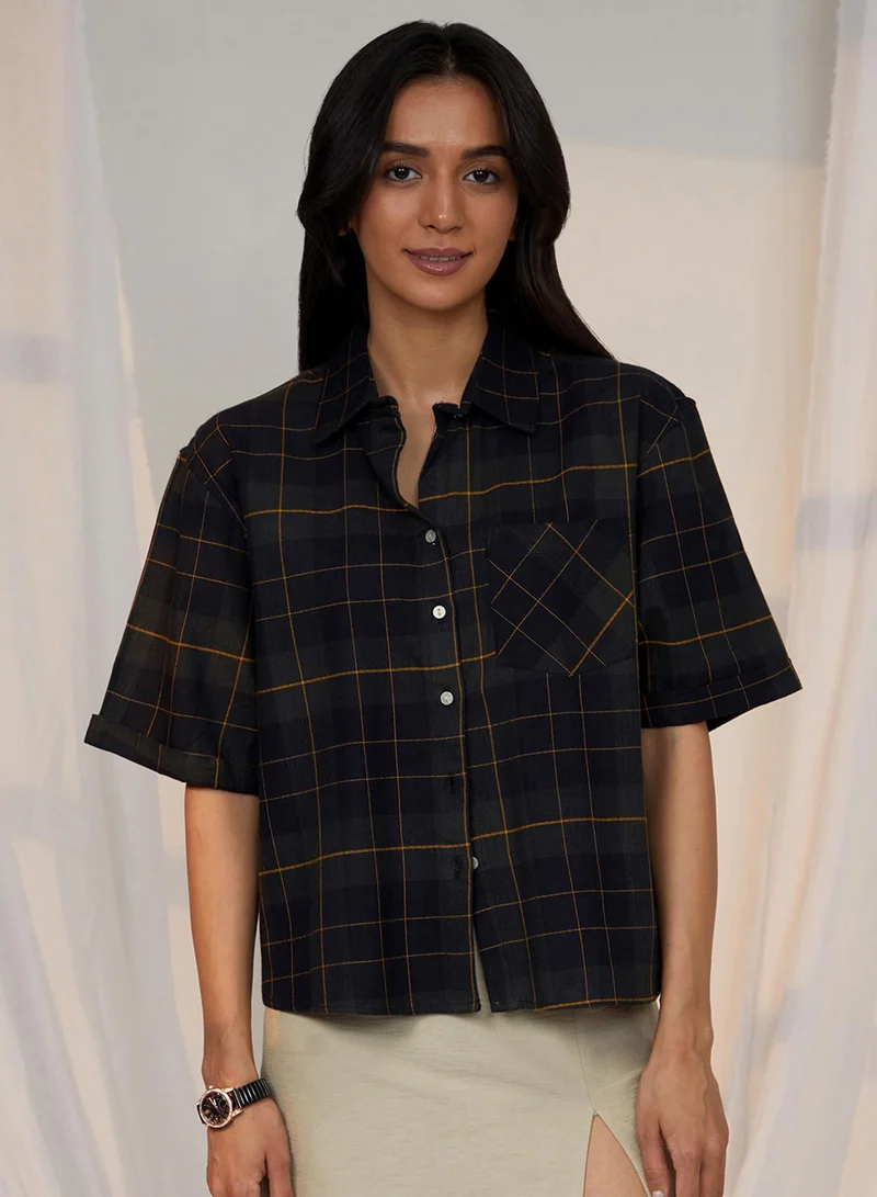 Women's Charcoal Black Tartan Plaid Boxy Shirt