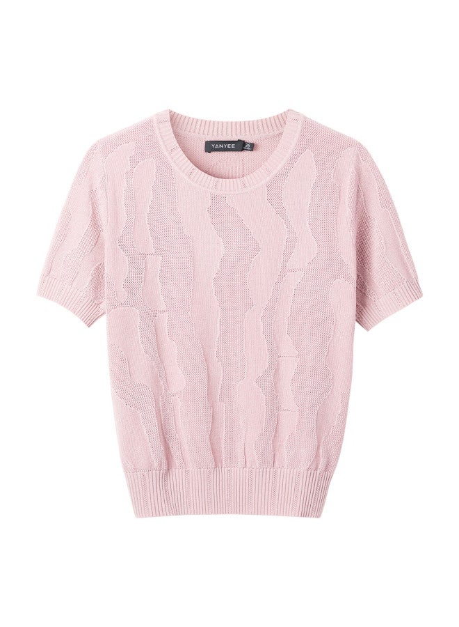 Yanyee Age-reducing Elegant Knit Sweater For Women, Summer Pink Elegant Short-sleeve Round Neck Loose Top, Pink M/38 - Image 3