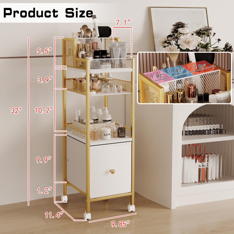 Dsmadn Makeup Organizer Storage Cart with Drawers, Large Floor Makeup Skincare Organizers, Rolling Makeup Cart Vanity Organizer Cosmetics Display Cases Holder for Nail Polish Brush Hair Toolï¼ˆGoldï¼‰ - Image 3