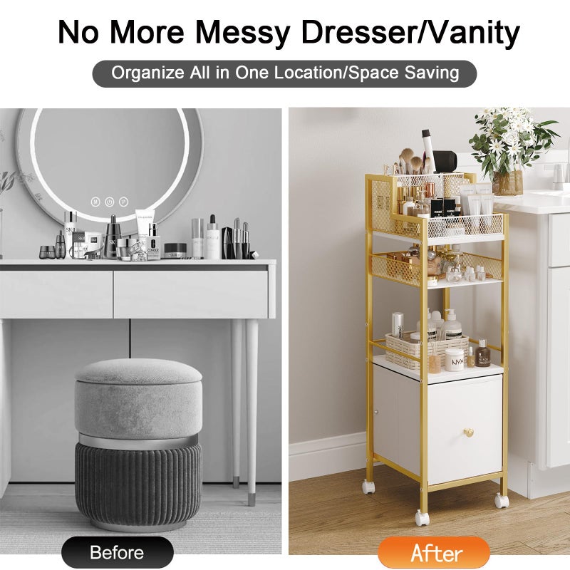 Dsmadn Makeup Organizer Storage Cart with Drawers, Large Floor Makeup Skincare Organizers, Rolling Makeup Cart Vanity Organizer Cosmetics Display Cases Holder for Nail Polish Brush Hair Toolï¼ˆGoldï¼‰ - Image 4