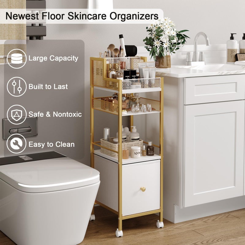 Dsmadn Makeup Organizer Storage Cart with Drawers, Large Floor Makeup Skincare Organizers, Rolling Makeup Cart Vanity Organizer Cosmetics Display Cases Holder for Nail Polish Brush Hair Toolï¼ˆGoldï¼‰ - Image 5