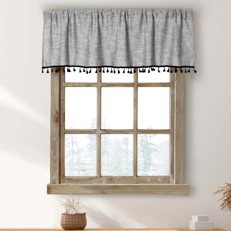 2 Pack Boho Tassel Kitchen Valances for Windows Modern Farmhouse Cotton Linen Valance Curtains Topper Country Rustic Bathroom Small Window Treatment Bohemian Decor 55x15 inch Grey