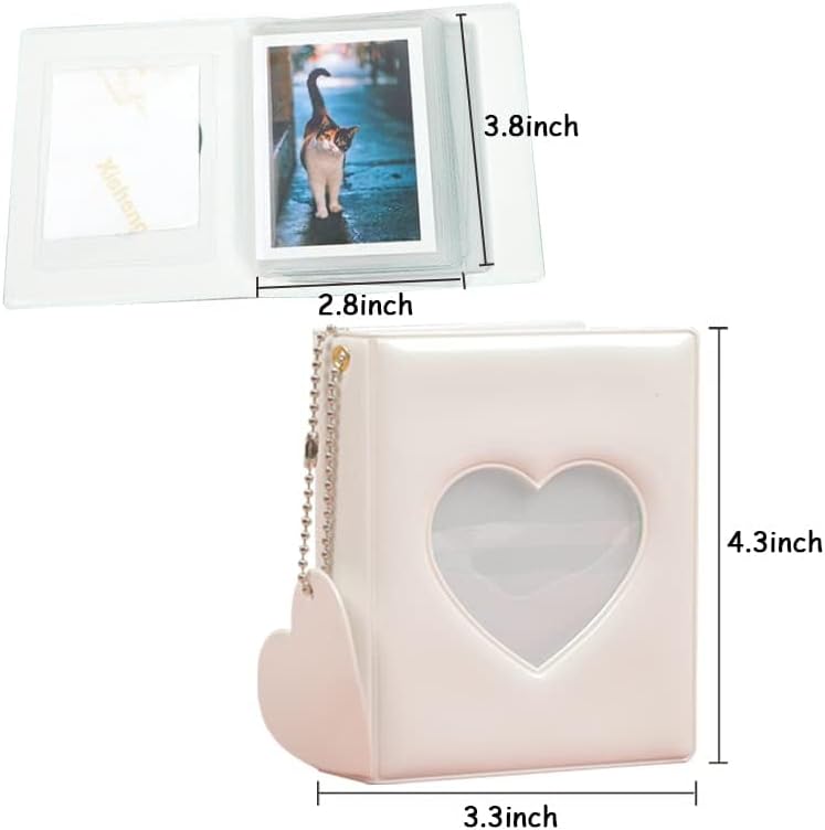 BetterJonny 2 Pcs Love Heart Photocard Holder Book, 3 Inch Mini Photo Album Heart Hollow Card Binder Pendant 32 Pockets kpop photocard binder for Star Chasing Photo Collection (White, Pink) - Image 3