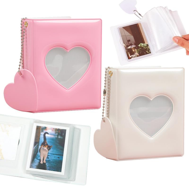 BetterJonny 2 Pcs Love Heart Photocard Holder Book, 3 Inch Mini Photo Album Heart Hollow Card Binder Pendant 32 Pockets kpop photocard binder for Star Chasing Photo Collection (White, Pink) - Image 2