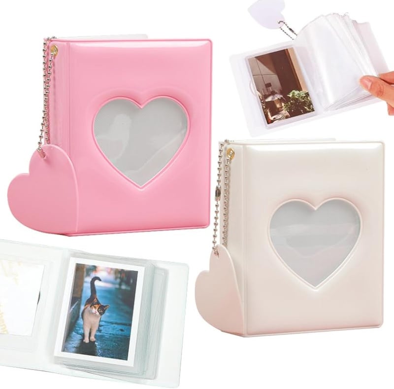 BetterJonny 2 Pcs Love Heart Photocard Holder Book, 3 Inch Mini Photo Album Heart Hollow Card Binder Pendant 32 Pockets kpop photocard binder for Star Chasing Photo Collection (White, Pink) - Image 1