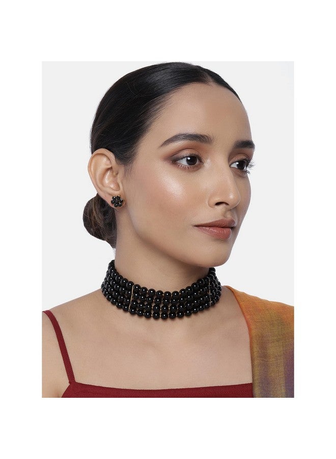 Peora Gold Plated Black Pearl Beaded Choker Necklace with Stud Earrings for Women Traditional Stylish Jewellery Set (Black) - Image 3