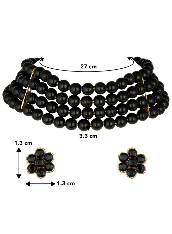 Peora Gold Plated Black Pearl Beaded Choker Necklace with Stud Earrings for Women Traditional Stylish Jewellery Set (Black) - Image 4