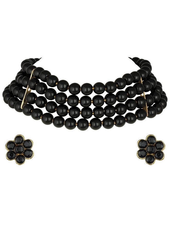 Peora Gold Plated Black Pearl Beaded Choker Necklace with Stud Earrings for Women Traditional Stylish Jewellery Set (Black) - Image 1