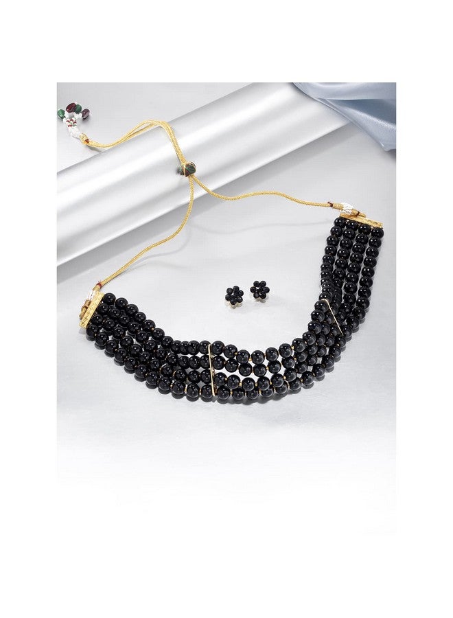 Peora Gold Plated Black Pearl Beaded Choker Necklace with Stud Earrings for Women Traditional Stylish Jewellery Set (Black) - Image 2