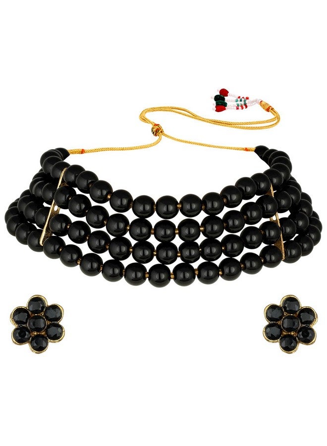 Peora Gold Plated Black Pearl Beaded Choker Necklace with Stud Earrings for Women Traditional Stylish Jewellery Set (Black) - Image 5
