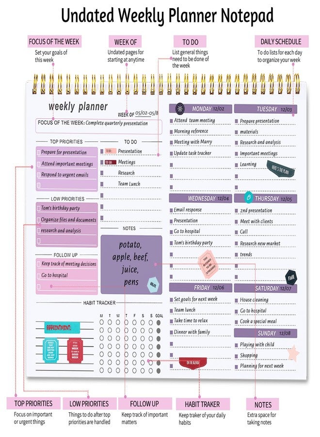 Thboxes Weekly To Do List Notepad, Weekly Desk Planner with 52 Tear Off Sheets Undated Weekly Planner Habit Tracker & Productivity Organizer for Home School and Work, 8.5''x11'' -Purple - Image 3