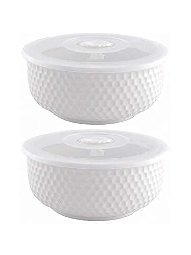 HAV CREATION Ceramic Serving Bowls with Textured Diamond Pattern & Airtight Lids | Set of 2 | Elegant White Bowls for Kitchen, Dining, and Food Storage - Image 1