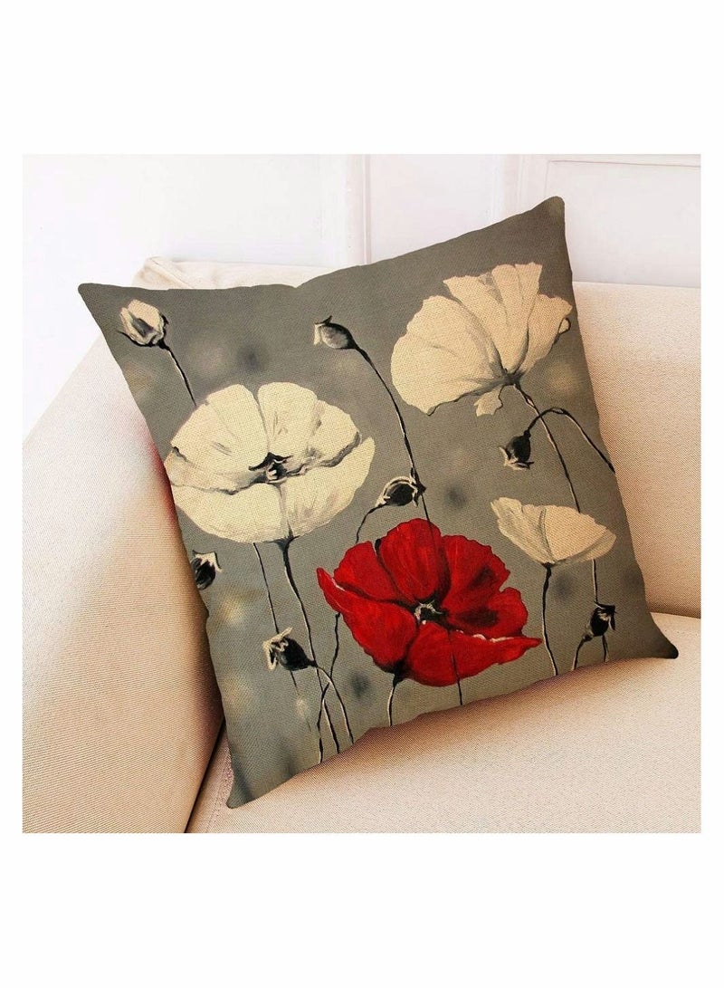 SYOSI Throw Pillow Covers, 4 Pack Red Flower Cushion Covers 18x18 inches Boho Linen Square Throw Pillow Cases for Living Room Sofa Couch Bed Decorative Pillowcases - Image 4