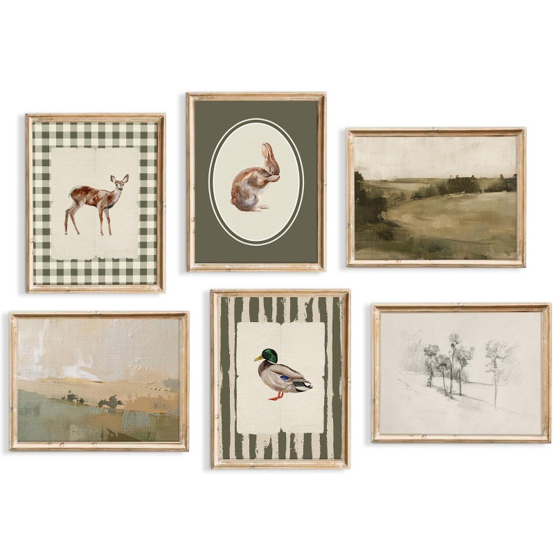 Pennclys Vintage Nursery Wall Art Baby Boy Room Canvas Wall Decor Hunting Animal Prints Kids Poster Deer Duck Pictures Nursery Neutral Artwork Rabbit Painting for Children Bedroom 8x10 Inch Unframed Set of 6 - Image 1