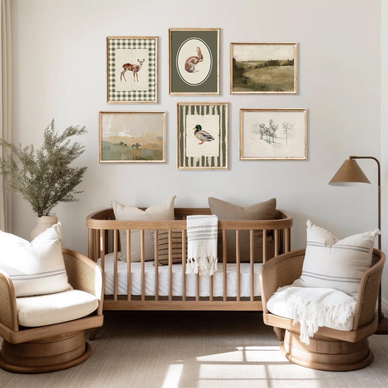 Pennclys Vintage Nursery Wall Art Baby Boy Room Canvas Wall Decor Hunting Animal Prints Kids Poster Deer Duck Pictures Nursery Neutral Artwork Rabbit Painting for Children Bedroom 8x10 Inch Unframed Set of 6 - Image 3