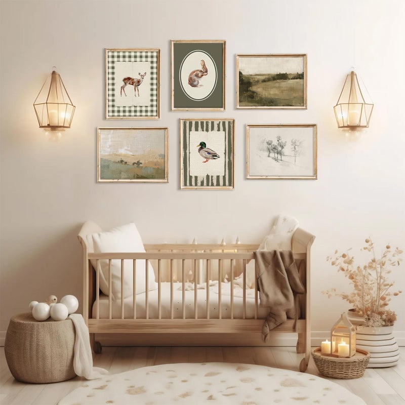 Pennclys Vintage Nursery Wall Art Baby Boy Room Canvas Wall Decor Hunting Animal Prints Kids Poster Deer Duck Pictures Nursery Neutral Artwork Rabbit Painting for Children Bedroom 8x10 Inch Unframed Set of 6 - Image 4