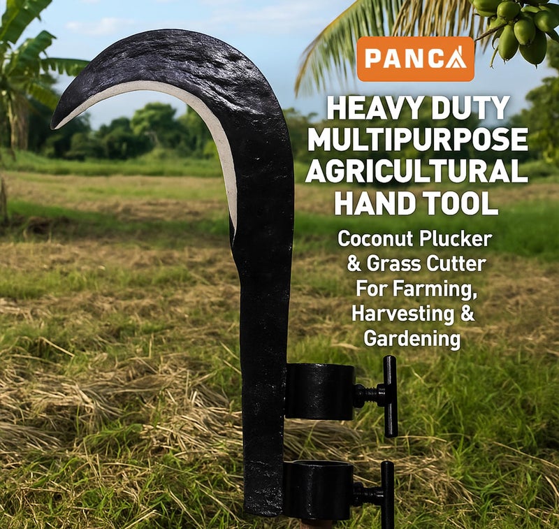 PANCA Heavy Duty Agricultural Hand Tool for Harvesting, Farming & Gardening | Tempered Steel Coconut Plucker & Grass Sickle Cutter Head | Tree Branch Cutting, Crop Harvesting & Garden Maintenance - Image 2