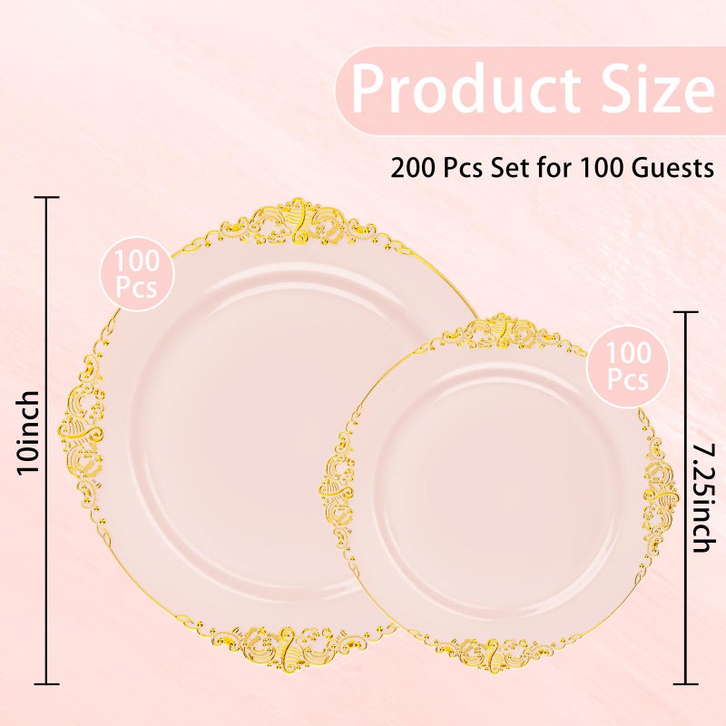 Joyido 200PCS Pink and Gold Plates - Pink Plastic Plates - Fancy Disposable Plate with Gold Rim - Vintage Wedding Dinner & Dessert Plate Easter for 100 Guests for Wedding & Bridal Shower - Image 3