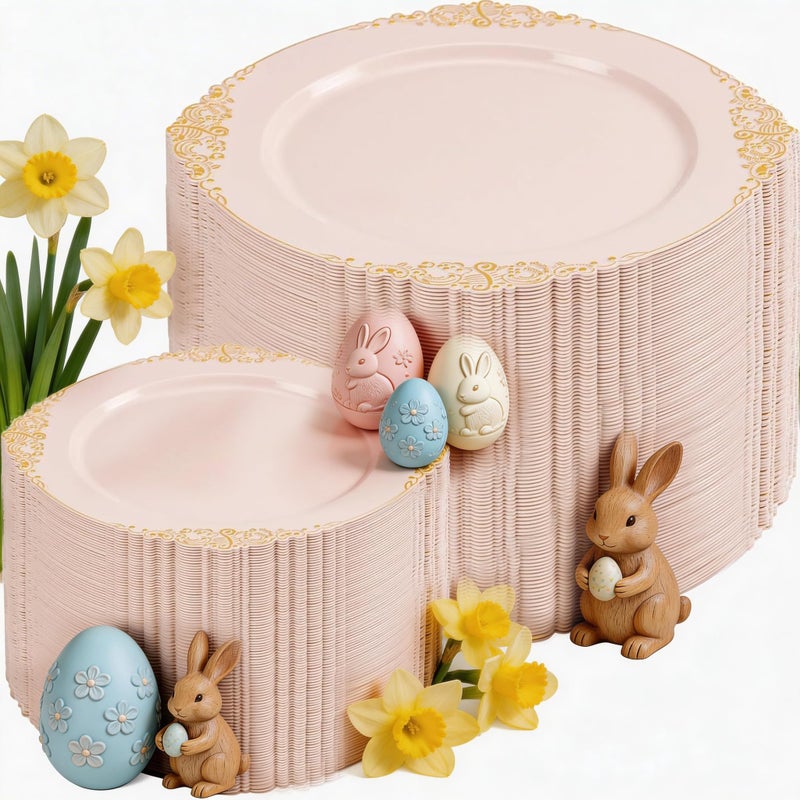 Joyido 200PCS Pink and Gold Plates - Pink Plastic Plates - Fancy Disposable Plate with Gold Rim - Vintage Wedding Dinner & Dessert Plate Easter for 100 Guests for Wedding & Bridal Shower - Image 1