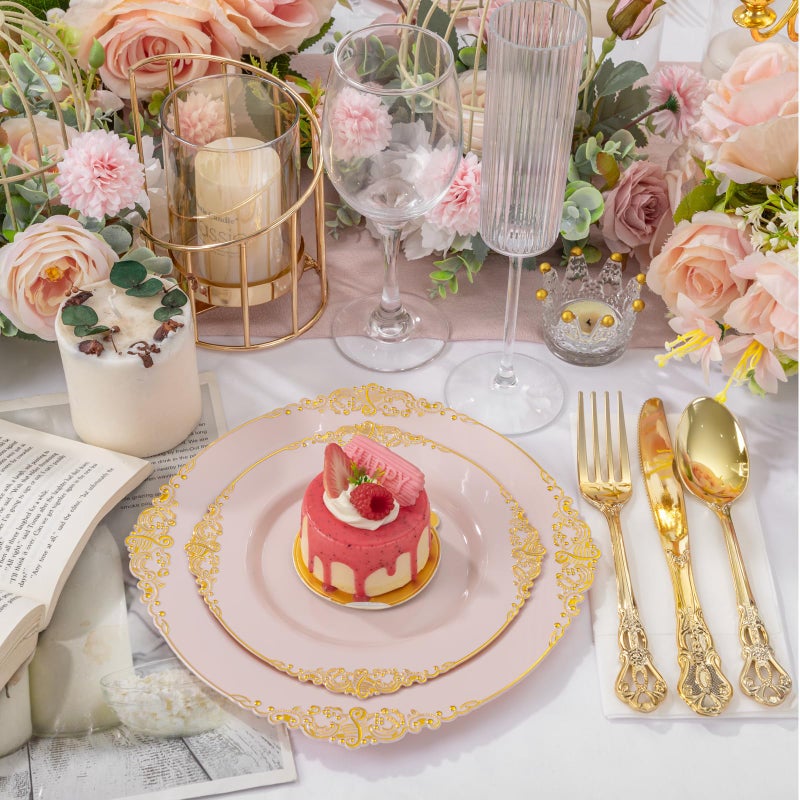 Joyido 200PCS Pink and Gold Plates - Pink Plastic Plates - Fancy Disposable Plate with Gold Rim - Vintage Wedding Dinner & Dessert Plate Easter for 100 Guests for Wedding & Bridal Shower - Image 4