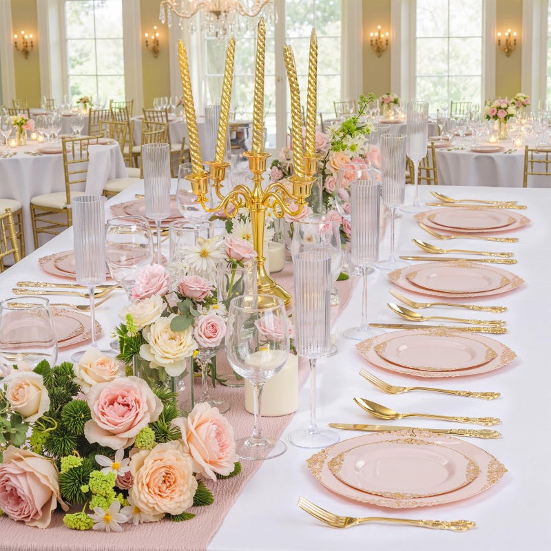 Joyido 200PCS Pink and Gold Plates - Pink Plastic Plates - Fancy Disposable Plate with Gold Rim - Vintage Wedding Dinner & Dessert Plate Easter for 100 Guests for Wedding & Bridal Shower - Image 5