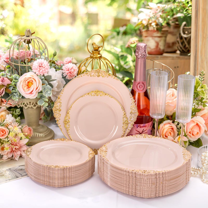Joyido 200PCS Pink and Gold Plates - Pink Plastic Plates - Fancy Disposable Plate with Gold Rim - Vintage Wedding Dinner & Dessert Plate Easter for 100 Guests for Wedding & Bridal Shower - Image 2