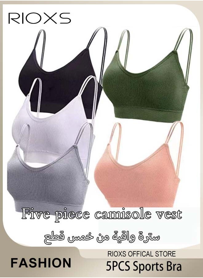 RIOXS - 5 Pieces V Neck Padded Bralette for Women Cami Bra Wireless Tank Top Bra Sports Bra with Adjustable Straps - Image 1