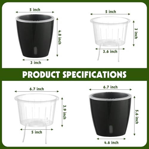 KvyusFlourish Self Watering Pots for Indoor Plants, 12-Pack 5'' Self Watering Planter with Drainage Holes, Small African Violet Pots with Water Indicator, Clear Wick Pot, White/Black/Blue/Rose Gold - Image 3