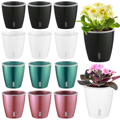 KvyusFlourish Self Watering Pots for Indoor Plants, 12-Pack 5'' Self Watering Planter with Drainage Holes, Small African Violet Pots with Water Indicator, Clear Wick Pot, White/Black/Blue/Rose Gold - Image 1
