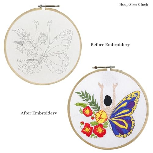 picknMAKE Cross Stitch Embroidery Kit For Beginners & Adult, Featuring a Lady With Flower & Butterfly Wings, Printed Fabric, Instructions Papers, Threads & Needles All Materials Included,Multicolor - Image 2