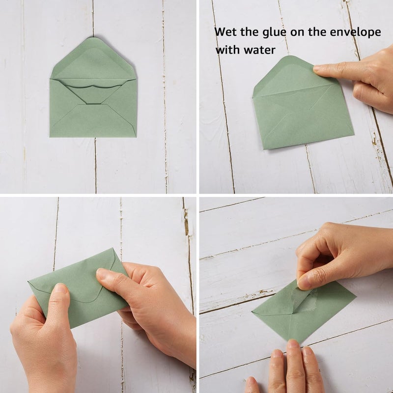 Toperd 100 Pack Mini Envelopes with Colorful Blank Note Cards Small Self-Adhesive Envelopes Small Business Card Envelopes(4 x 2.7 Inches, Sage-Green) - Image 3