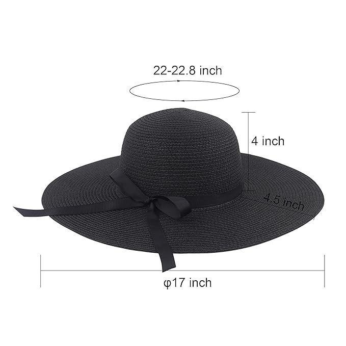 CLOTHERA Summer Brim Floppy Straw Beach Hats for Women (Black with Black Ribbon) - Image 3