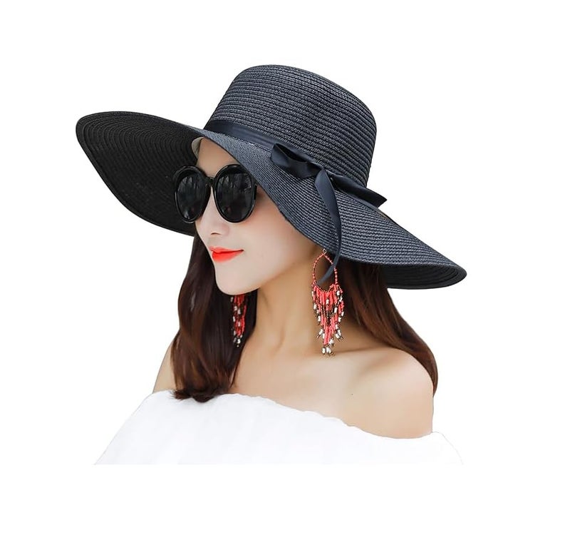 CLOTHERA Summer Brim Floppy Straw Beach Hats for Women (Black with Black Ribbon) - Image 1