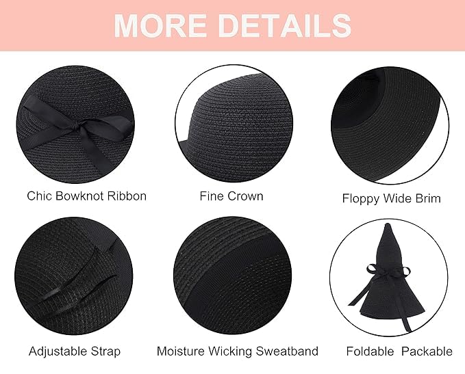 CLOTHERA Summer Brim Floppy Straw Beach Hats for Women (Black with Black Ribbon) - Image 4