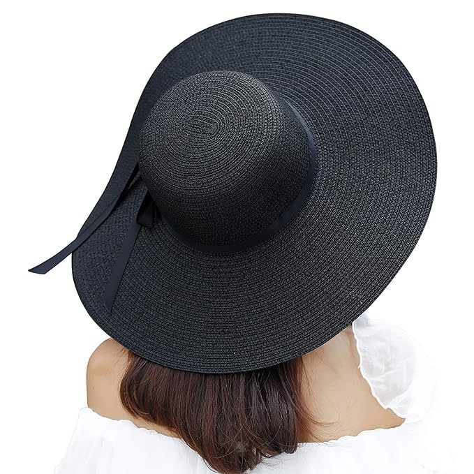 CLOTHERA Summer Brim Floppy Straw Beach Hats for Women (Black with Black Ribbon) - Image 2