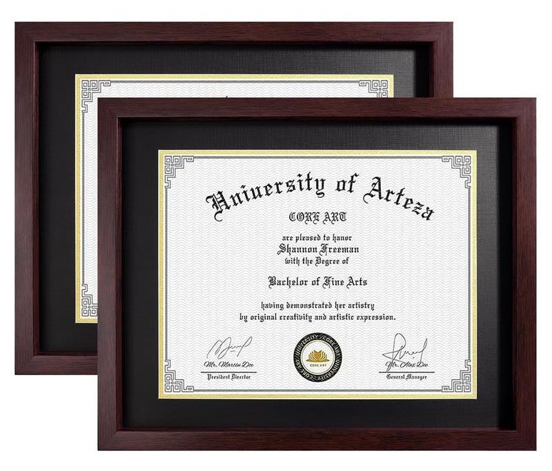 CORE ART 11x14 Diploma Frame Display Certificates 8.5 x 11 with Mat or 11 x 14 without Mat, College Degree Frame with Real Glass, Wall and Tabletop Display(Brown, 2 Pack) - Image 1