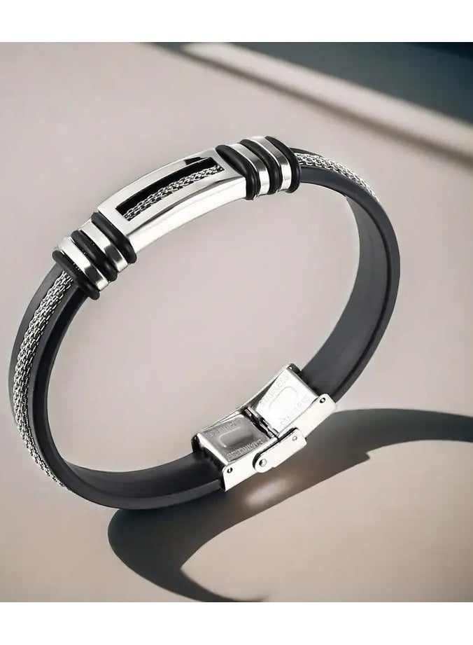 Home Clearance Sale Stylish Stainless Steel & Genuine Faux Leather Bracelet - Adjustable, Sleek Black Design for Any Occasion - Image 1