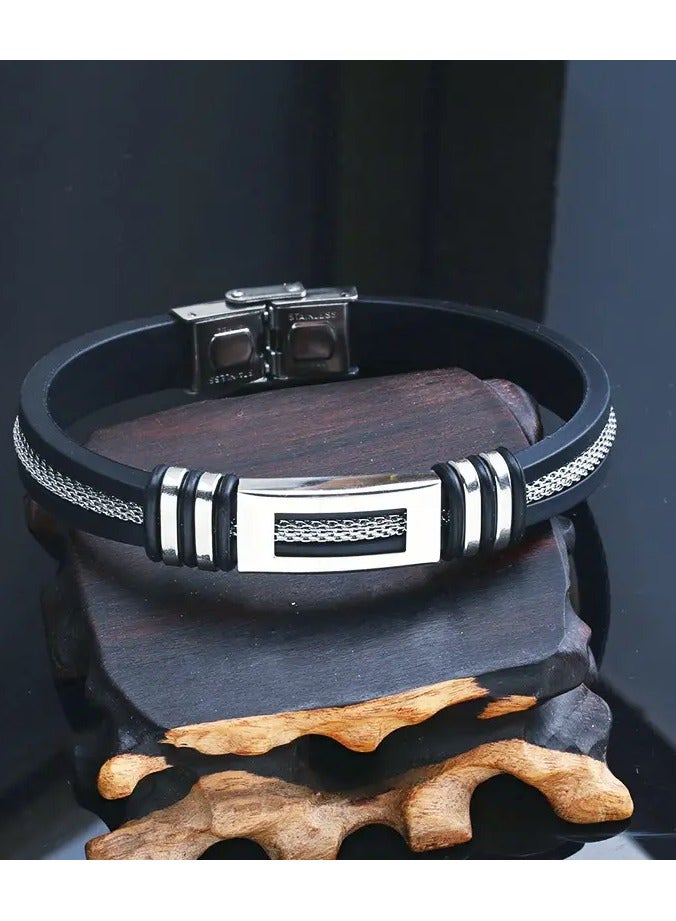 Home Clearance Sale Stylish Stainless Steel & Genuine Faux Leather Bracelet - Adjustable, Sleek Black Design for Any Occasion - Image 2