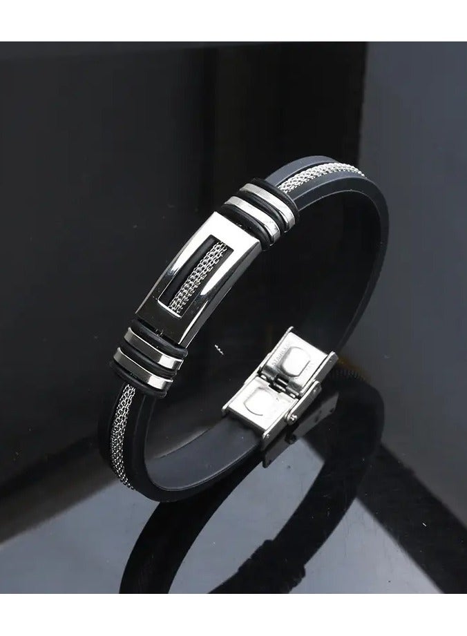 Home Clearance Sale Stylish Stainless Steel & Genuine Faux Leather Bracelet - Adjustable, Sleek Black Design for Any Occasion - Image 4