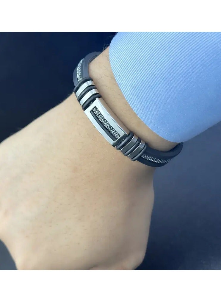 Home Clearance Sale Stylish Stainless Steel & Genuine Faux Leather Bracelet - Adjustable, Sleek Black Design for Any Occasion - Image 5