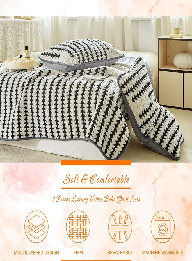 Tititada 3 Pieces Luxury Velvet Boho Quilt Sets Queen Size, Lightweight Decorative Bohemian Bedspread Set for All Season, Soft Coverlet with 2 Shams, Beige - Image 2