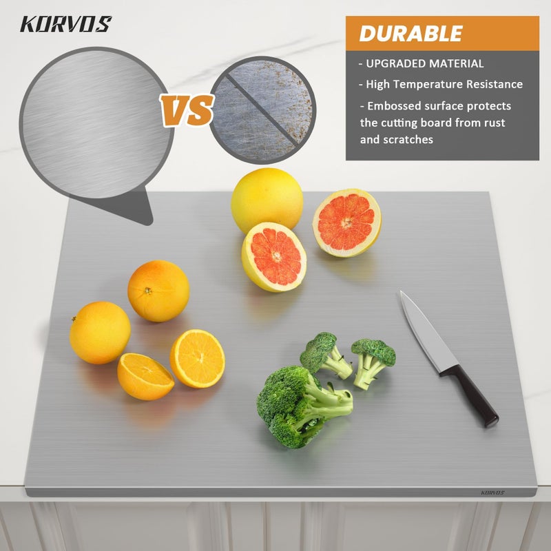 KORVOS Stainless Steel Cutting Board, 15.7" x 11.8" Double-Sided Cutting Boards for Kitchen, Metal Chopping Board with Lip&Non-Slip Mat, Easy to Clean, Suitable for Meat Fruits & Baking - Image 2