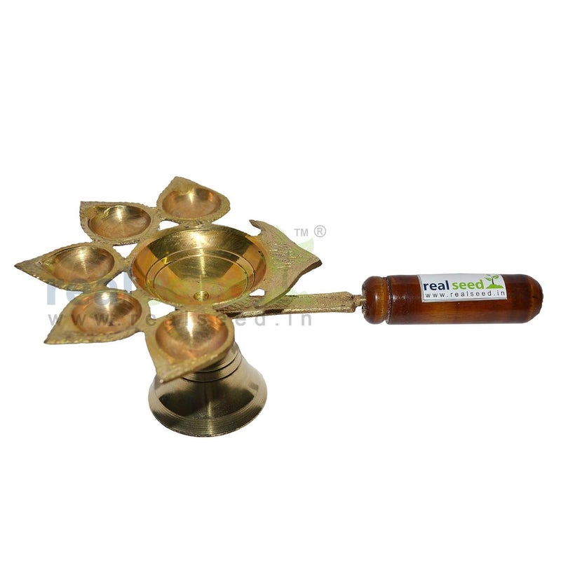 Real Seed Brass Panch Diya Aarti for Worship Handmade Religious Decorative 5 Face Jyoti Diya Stand Pooja Deepak for Aarti Oil Lotus Lamp Religious Diwali Gifts - Image 1