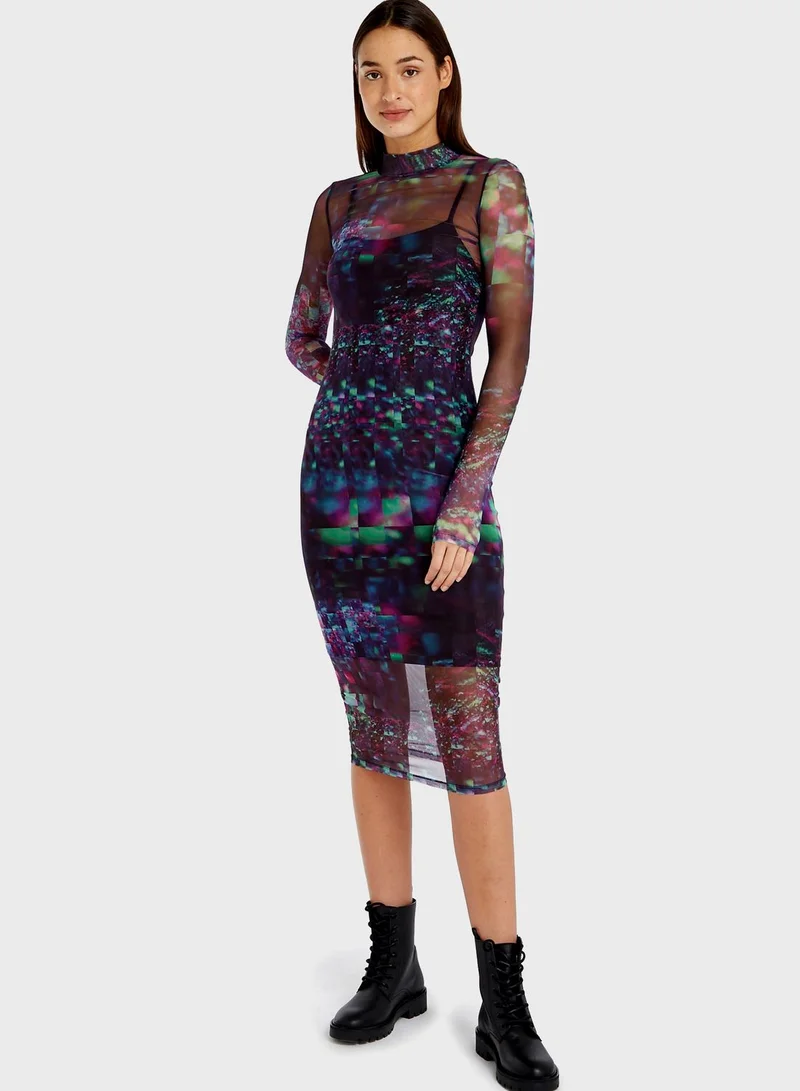 Calvin Klein Jeans High Neck Printed Mesh Dress