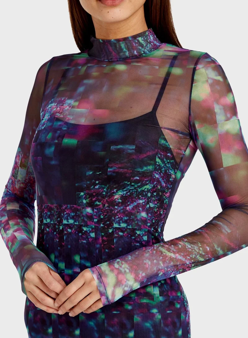 Calvin Klein Jeans High Neck Printed Mesh Dress