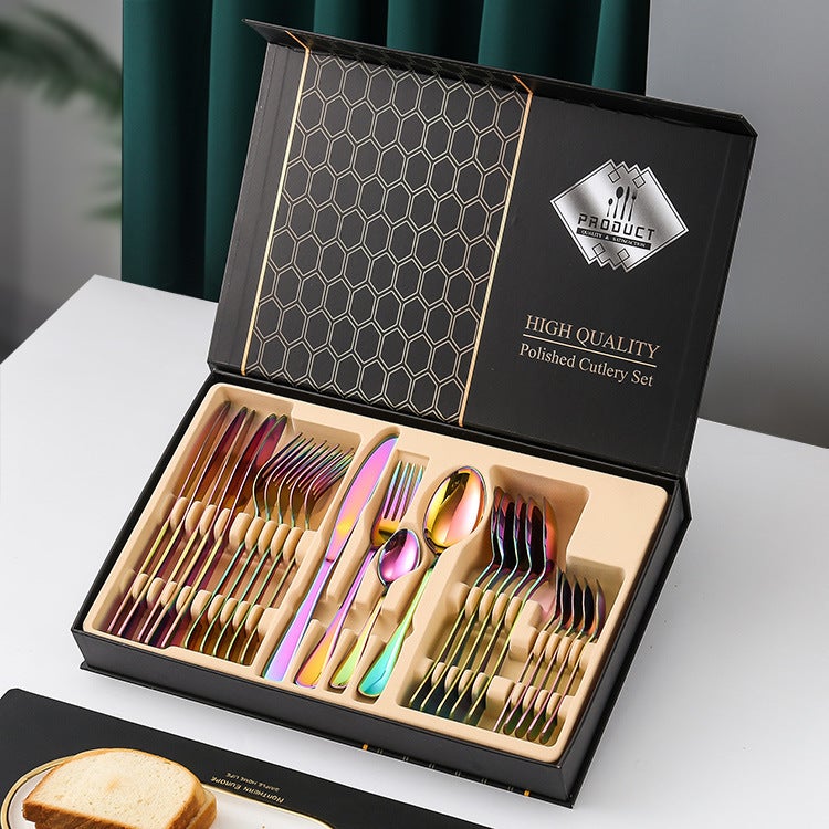 24-Piece Stainless Steel Western Dinnerware Set with Gold-Finish Storage Rack - Perfect Gift for Adults